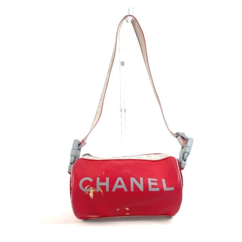 CHANEL Sports Bicolor logo Cylindrical Shoulder Hand Bag rubber Red/White